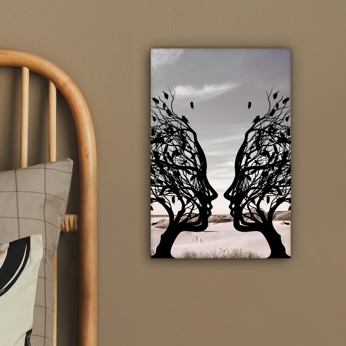 LEINWANDBILD Strand - Meer - Menschen - Baum - Moderne Kunst Deko Wohnzimmer 20x30 cm - Hellgrau, Textil (20/30cm) - MuchoWow