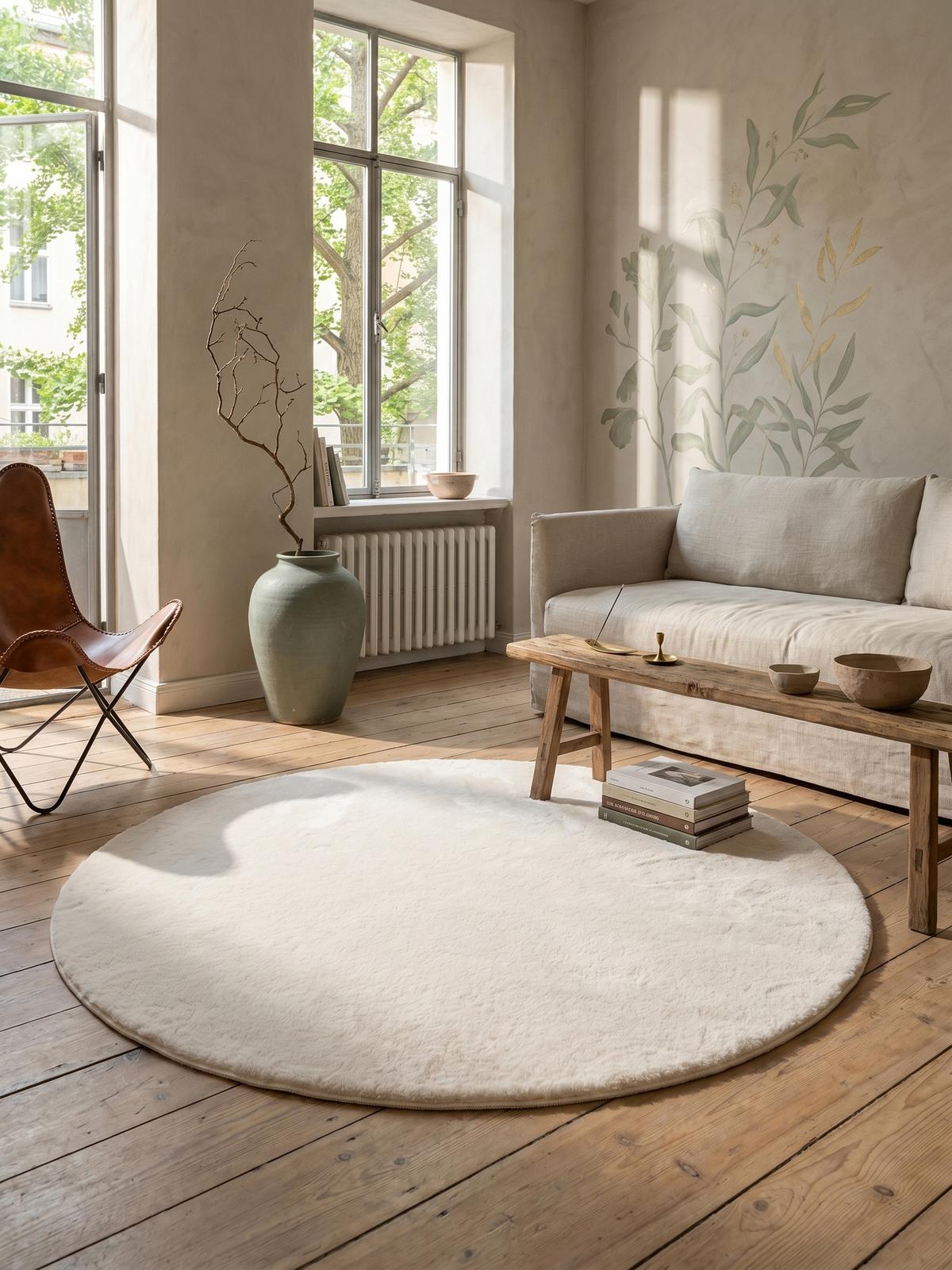 KURZFLORTEPPICH Waschbar NECKAR, einfarbig, aus Polyester, Creme, Ø 120 cm - Beige, Textil (120/120cm) - KADIMA DESIGN