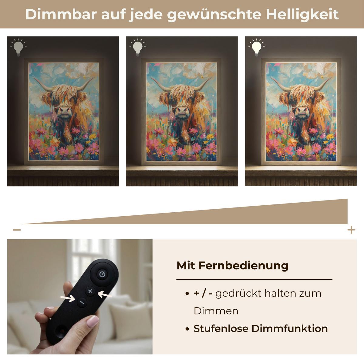 WANDLEUCHTE MIT AKKU Schottische Hochländer - Natur - Farbenfroh - Blumen 30x40 cm - Multicolor, Holzwerkstoff (30/40/8cm) - OnlyWow