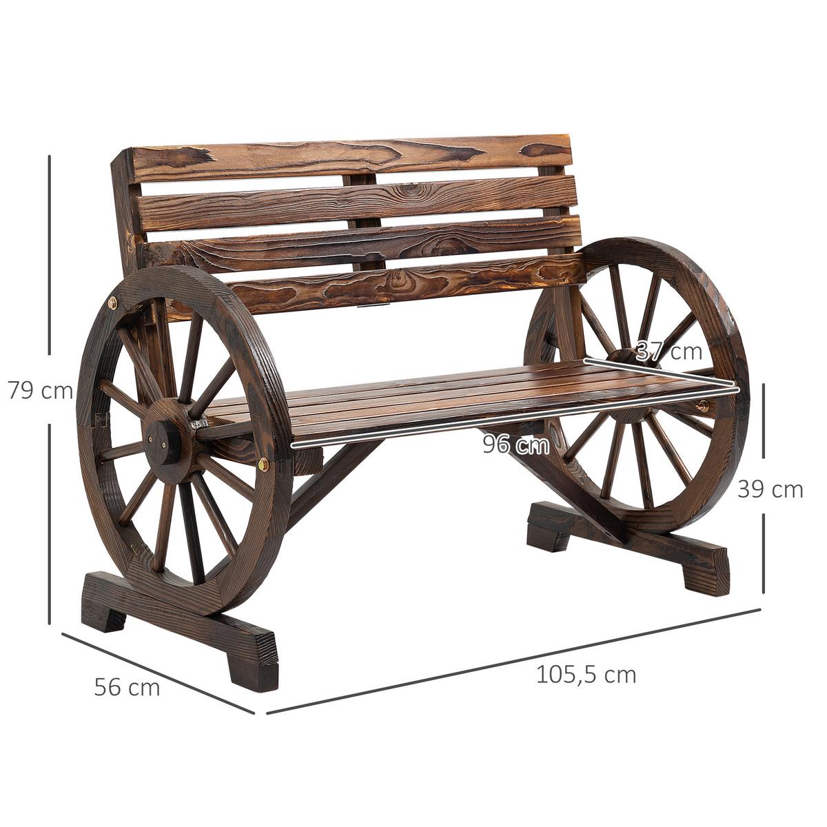 2ER-GARTENBANK Sitzbank Wagenrad-Design rustikale Holzbank für 2 Personen - Braun, Holz (56/79/105.5cm) - Outsunny