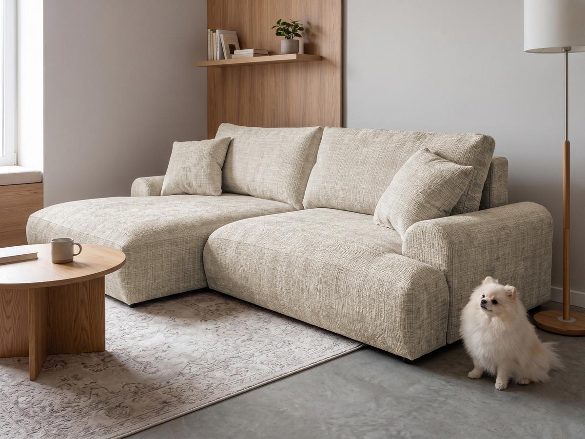 ECKSOFA Melvano mit Schlaffunktion und Bettkasten im Japandi-Stil aus weichem Dunkelbeige Chenille-Stoff - Beige/Schwarz, Holz/Kunststoff (145/240cm) - S-Style