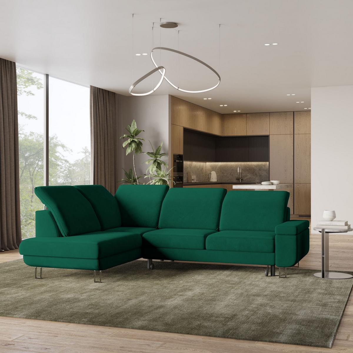 ECKSOFA LERMA L-S Grün Velours-Stoff mit Schlaffunktion - Silberfarben/Grün, Holz/Textil (253/190cm) - MASSENO