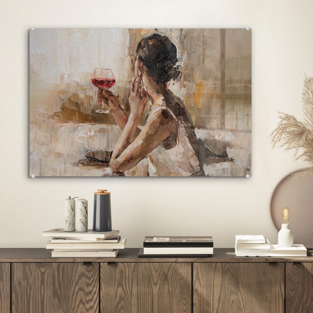 ACRYLGLASBILD Ölgemälde - Frau - Wein Wanddeko 60x40 cm - Hellbraun, Glas (60/40cm) - MuchoWow