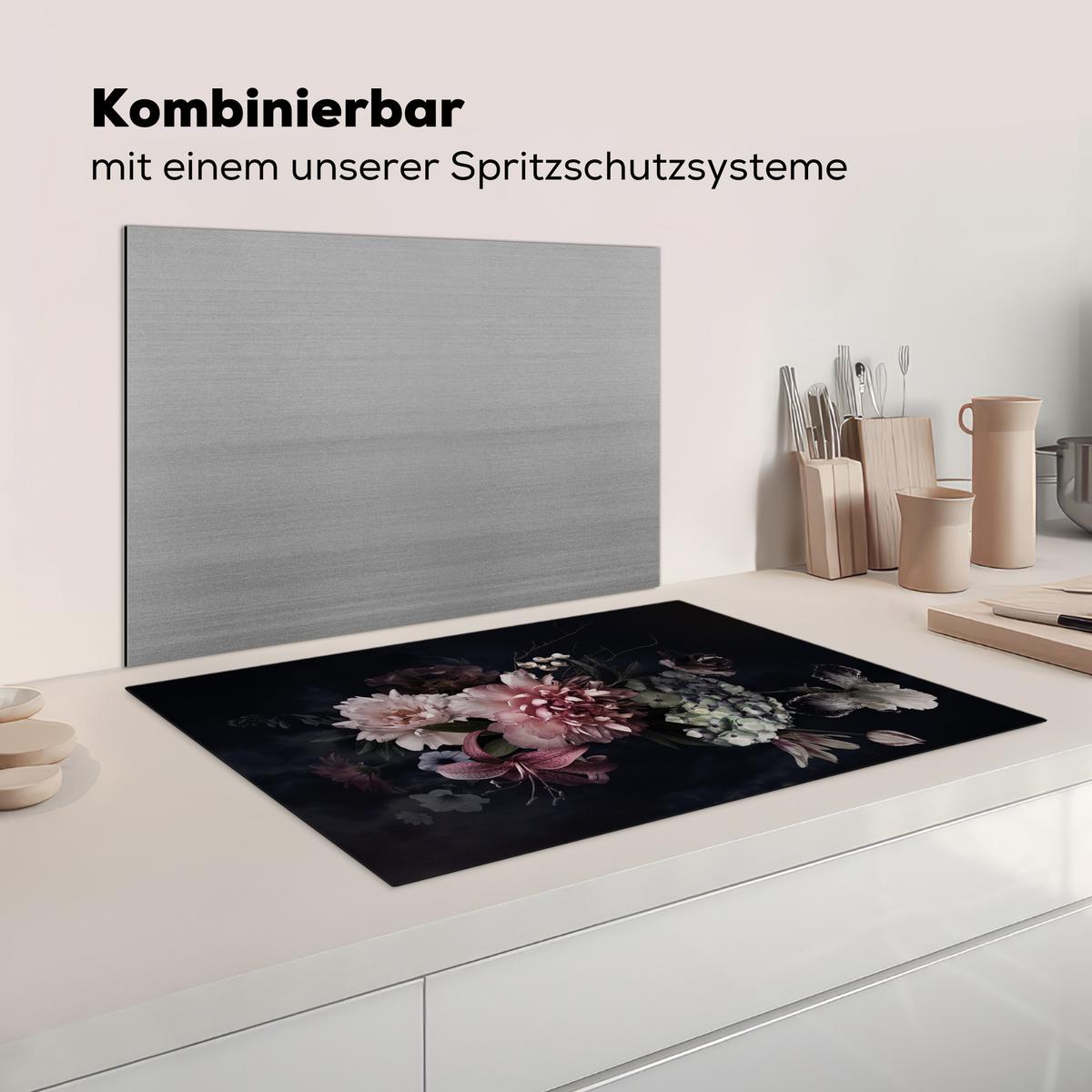 HERDABDECKPLATTE Blumen - Vintage - Pastell - Rosa - Weiß Induktionsschutz 80x52.2 cm - Altrosa, Kunststoff (80.2/52.2/0.2cm) - MuchoWow