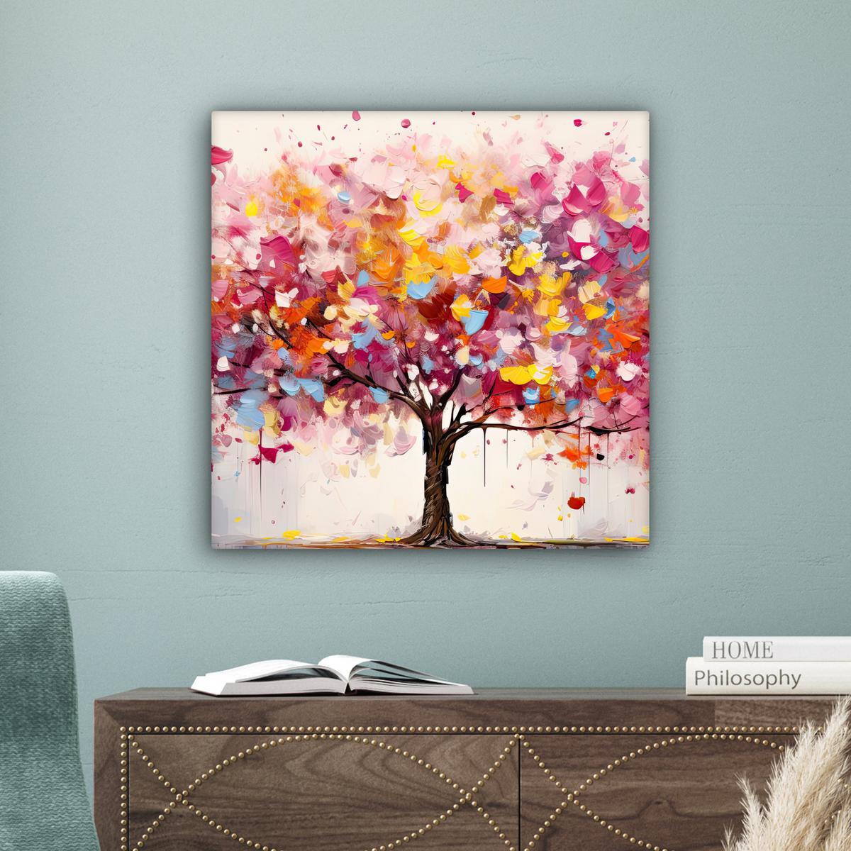 LEINWANDBILD Aquarell - Baum - Kunst - Abstrakt Wandbild Wohnzimmer 50x50 cm - Rosa, Textil (50/50cm) - MuchoWow