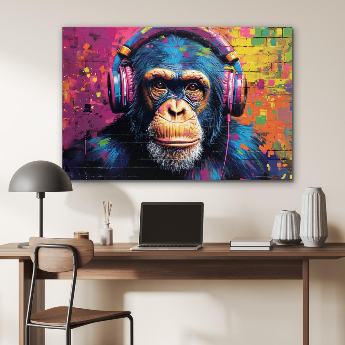 METALLBILD Graffiti - Schimpanse - Straßenkunst - Kopfhörer - Affe Wanddeko 90x60 cm - Blau, Metall (90/60cm) - MuchoWow