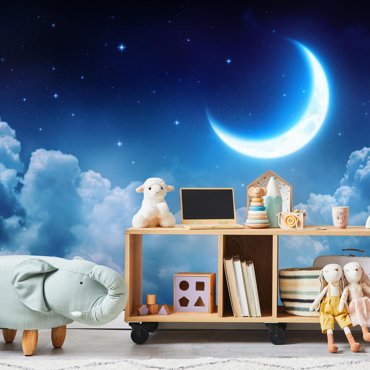 FOTOTAPETE für Schlafzimmer Himmel Wolken Mond Sterne 250x175 - Blau/Dunkelblau, Papier (250/175cm) - Muralo