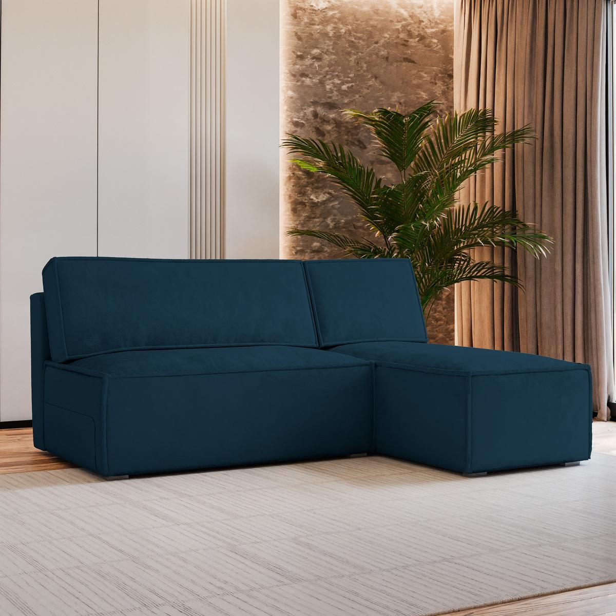 ECKSOFA BRISO M Blau Velours-Stoff mit Schlaffunktion - Blau/Grau, Holz/Kunststoff (200/140cm) - MASSENO