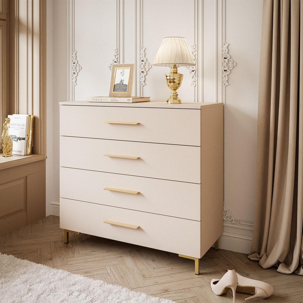 KOMMODE LINA KASCHMIR 4S mit Schubladen und LED-Beleuchtung Goldene Beine und Griffe - Kaschmir/Goldfarben, Holzwerkstoff (95/86/40cm) - Lookway