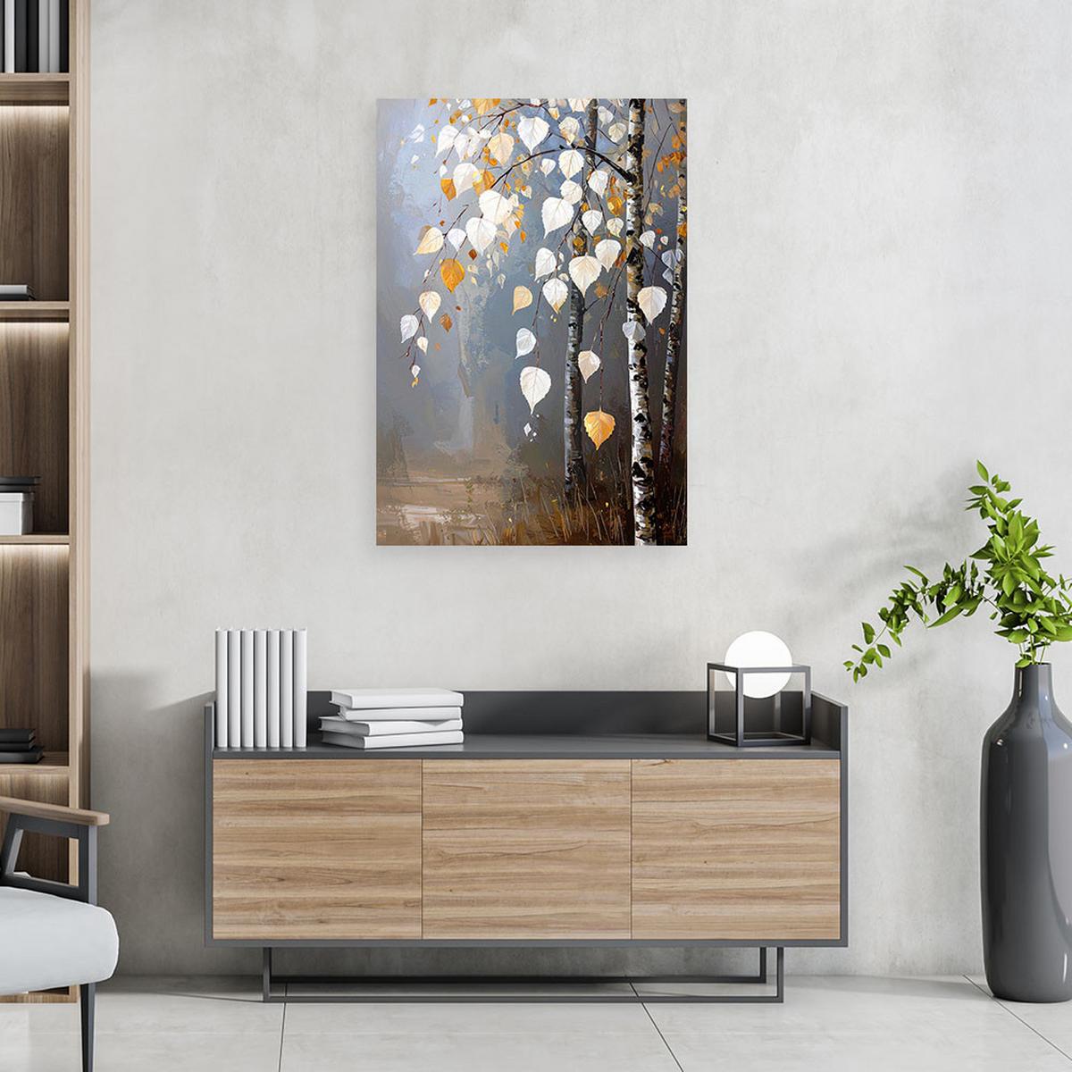 BILDER, Birkenwald Natur weiß-graue Blätter - Weiß, Textil (60/90cm) - Feeby