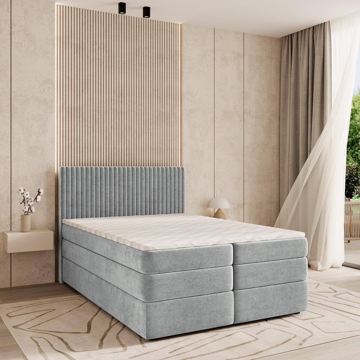 BOXSPRINGBETT FELBIO 180x200 cm mit Matratze und Topper - Hellgrau - Hellgrau, Holz (180/200cm) - MASSENO