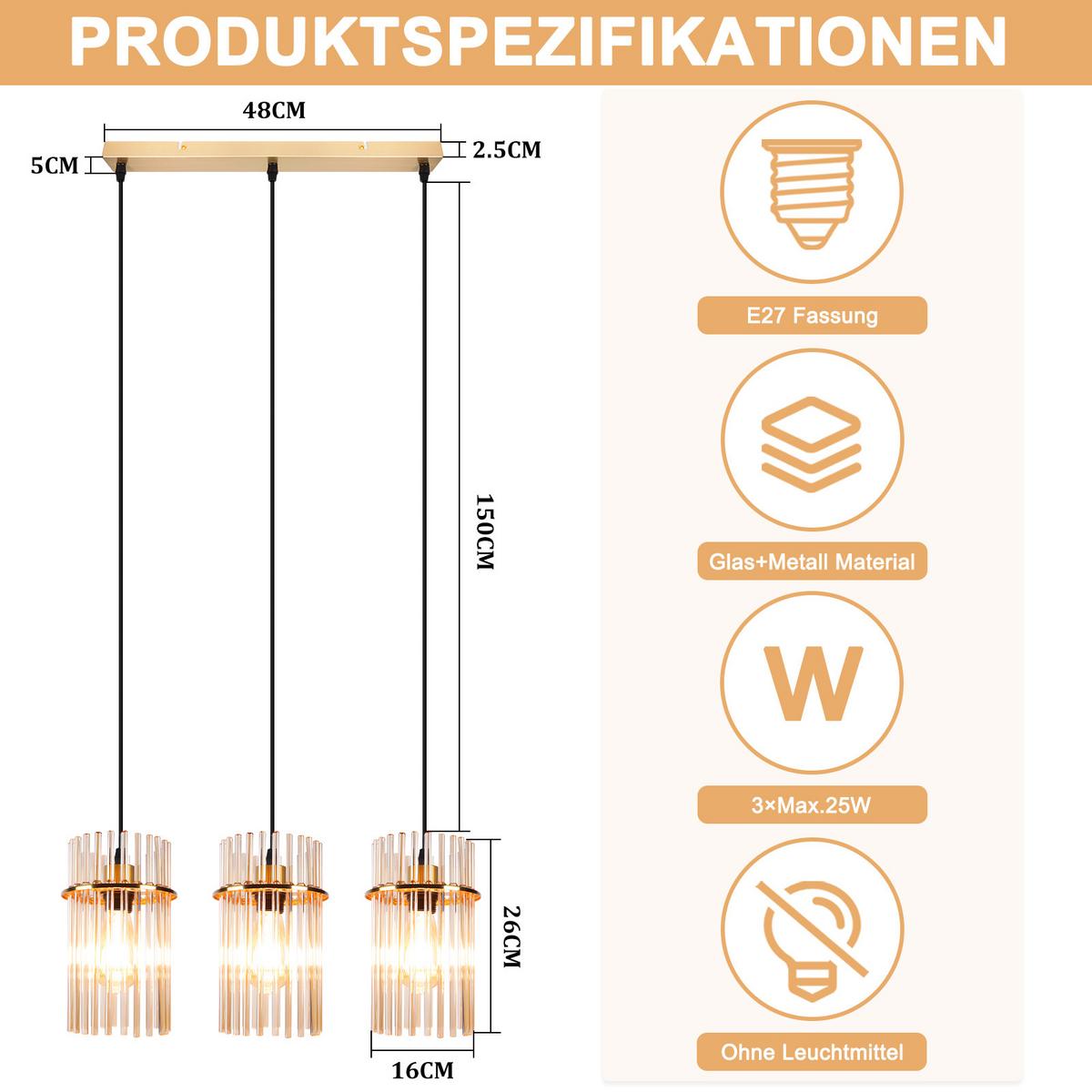 PENDELLEUCHTE Joseph 48/5/150 cm - Goldfarben, Glas (48/5/150cm) - ZMH