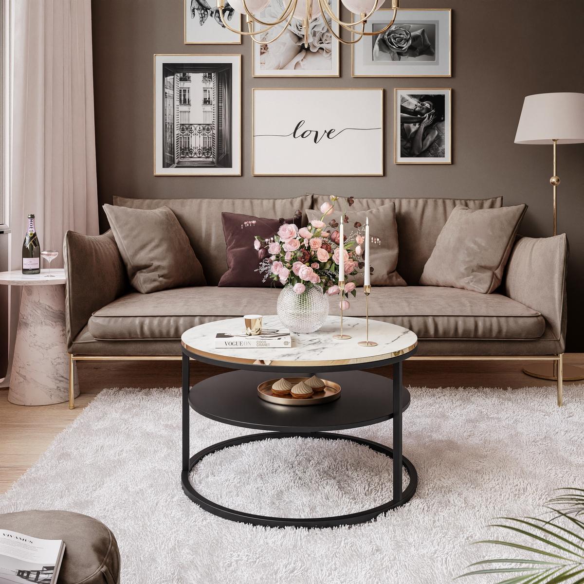 COREIL MARMUR runder Couchtisch mit Ablage Schwarz / Carrara Marmor - Schwarz/Weiß, Holzwerkstoff (70/70/49cm) - Lookway