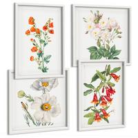 BILDER SET 4er Set - 50x50 cm & 40x60 cm Weißer Rahmen - Retro-Blumenmalerei - Weiß, Kunststoff (50/50cm) - TULUP