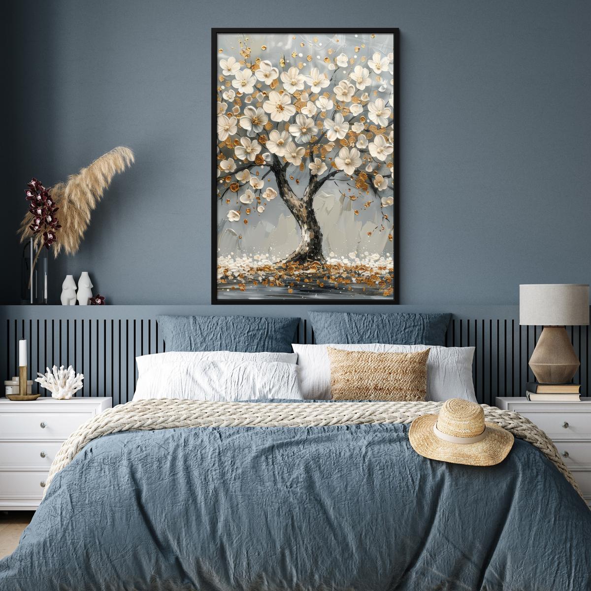 POSTER MIT RAHMEN Baum - Blumen - Weiß - Natur - Kunst Bilderleiste 80x120 cm - Weiß, Papier (80/120cm) - MuchoWow