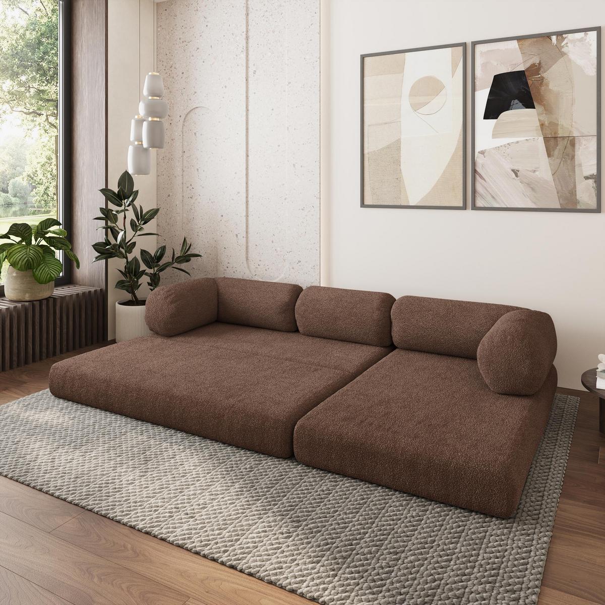 ECKSOFA KELI modulares Boneless Sofa mit Schlaffunktion Braun Boucle-Stoff - Braun, Textil (270/160cm) - MASSENO