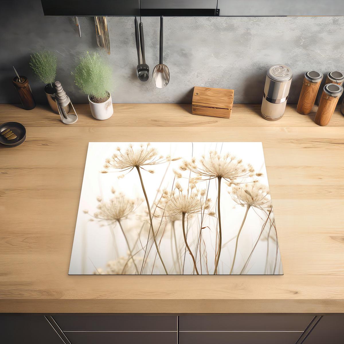 HERDABDECKPLATTE Blumen - Weiß - Sonnenlicht Herdabdeckung Induktionsfeld 60x52 cm - Ecru, Kunststoff (60/52/0.2cm) - MuchoWow
