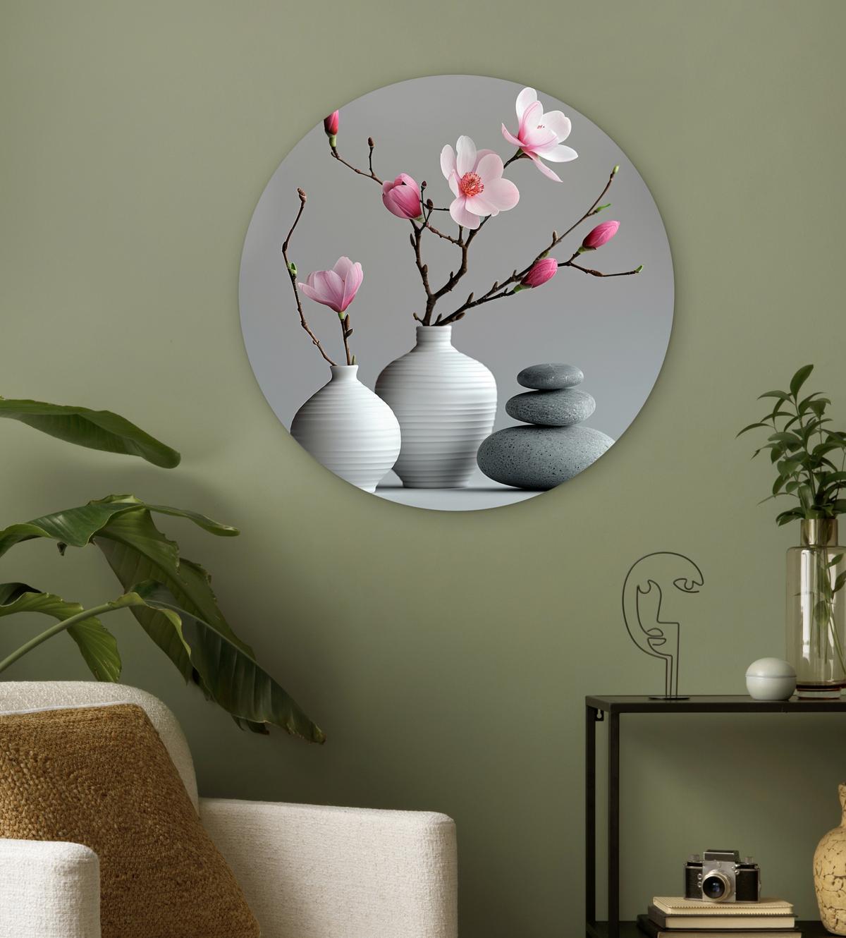 WANDBILD Magnolie - Blumen - Rosa - Zen-Steine Wanddeko Schlafzimmer 60x60 cm - Hellgrau, Kunststoff (60/60cm) - MuchoWow