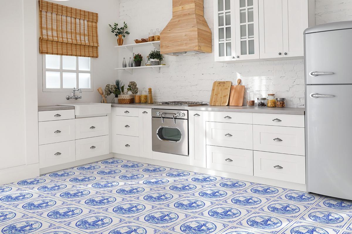 SELBSTKLEBENDE Wandfliesen 9 Stück 30x30 cm - Windmühle im Azulejos-Stil - Blau, Textil (30/1.6/30cm) - TULUP