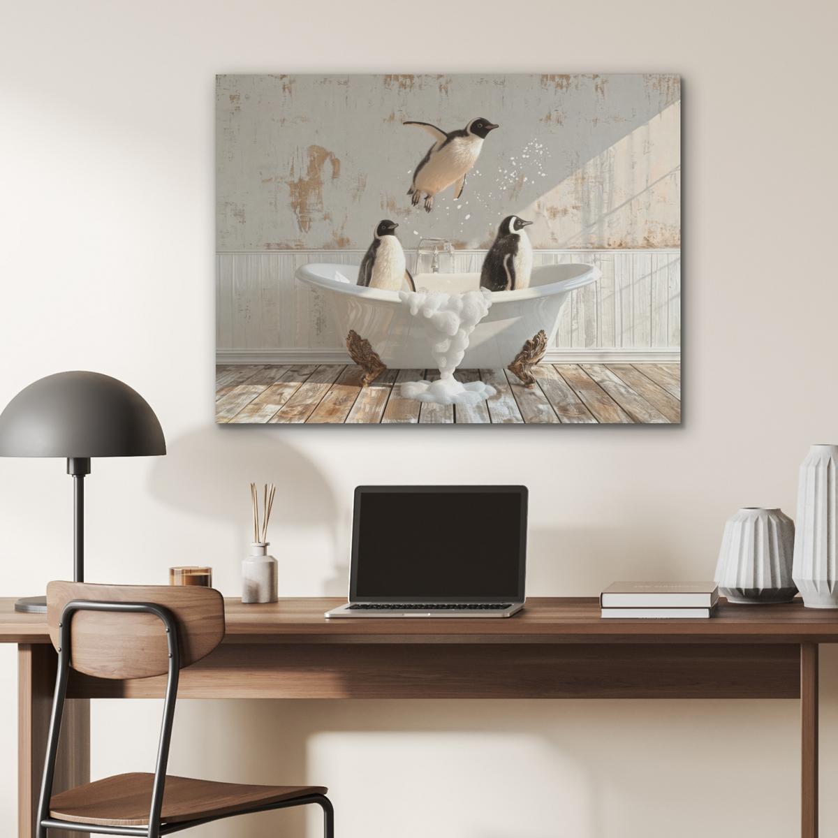 AKUSTIKBILD Vintage - Pinguin - Badewanne - Schaumstoff Gemälde 80x60 cm - Schwarz, Kunststoff (80/60/0.9cm) - MuchoWow