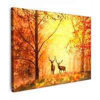 LEINWANDBILD Natur - Ölfarbe - Hirsche - Tiere - Herbst - Orange Wandbild 40x30 cm - Orange, Textil (40/30cm) - MuchoWow