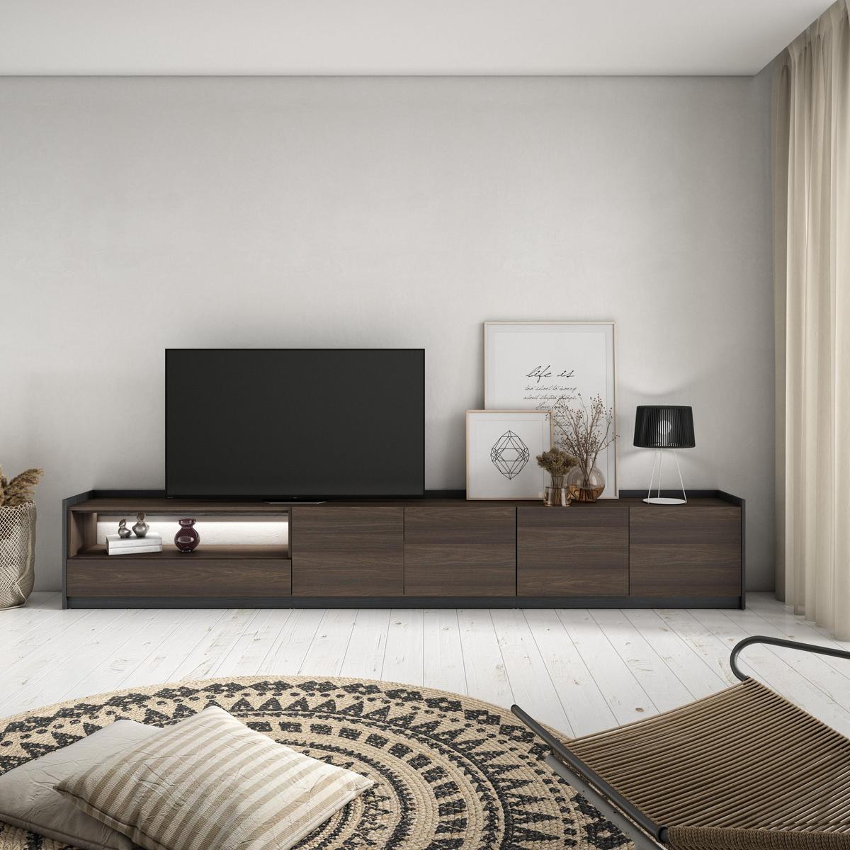LOWBOARD, Dunkler Eiche und Schwarz, 310/37/50cm, mit Led - Dunkelbraun, Holzwerkstoff (310/50/37cm) - Skraut Home