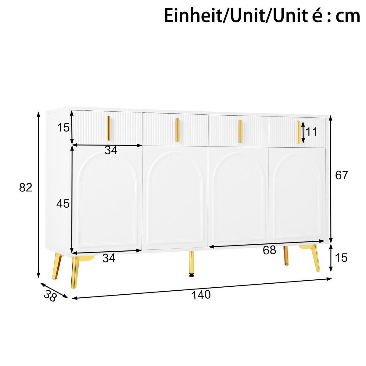 SIDEBOARD Weiß 140cm mit 4 Türen 4 Schubladen Bogen-Dekor & Goldfüßen - Weiß, Holzwerkstoff (140/82/38cm) - Urban Meuble