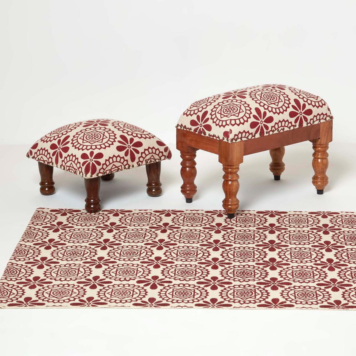 HOCKER Cassia mit Holzbeinen, rot-weiß gemustert, 40/40/25 cm - Rot, Textil (40/25/40cm) - Homescapes