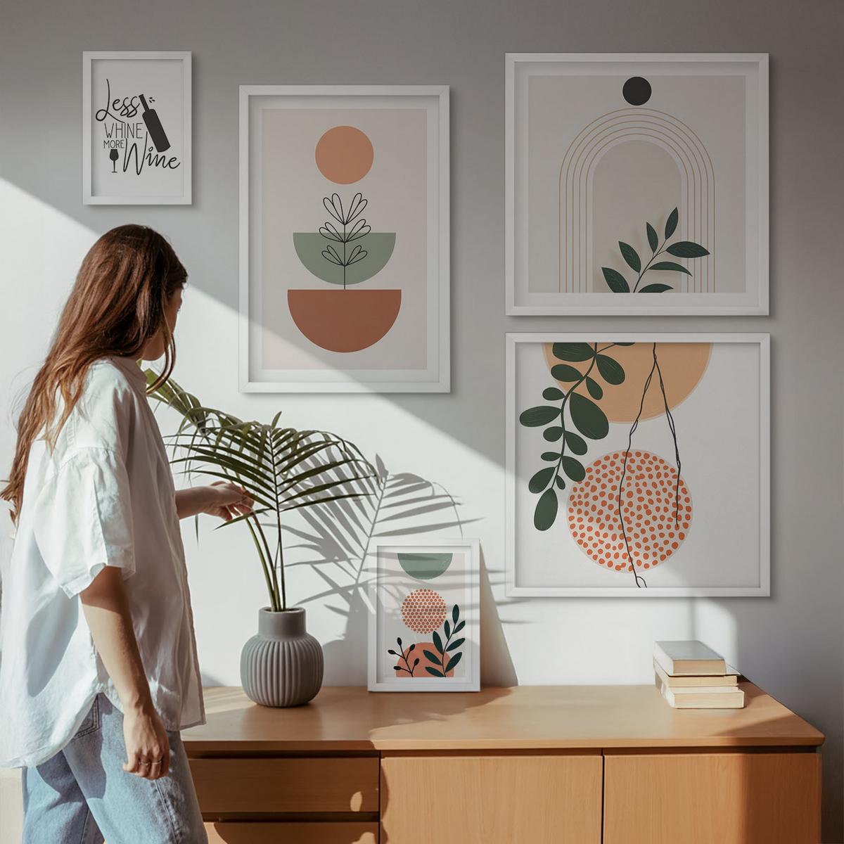 BILDER SET 5er Set - 50x50 cm & 20x30 cm & 40x60 cm Weißer Rahmen - Abstrakte Pflanzenformen - Weiß, Kunststoff (40/60cm) - TULUP
