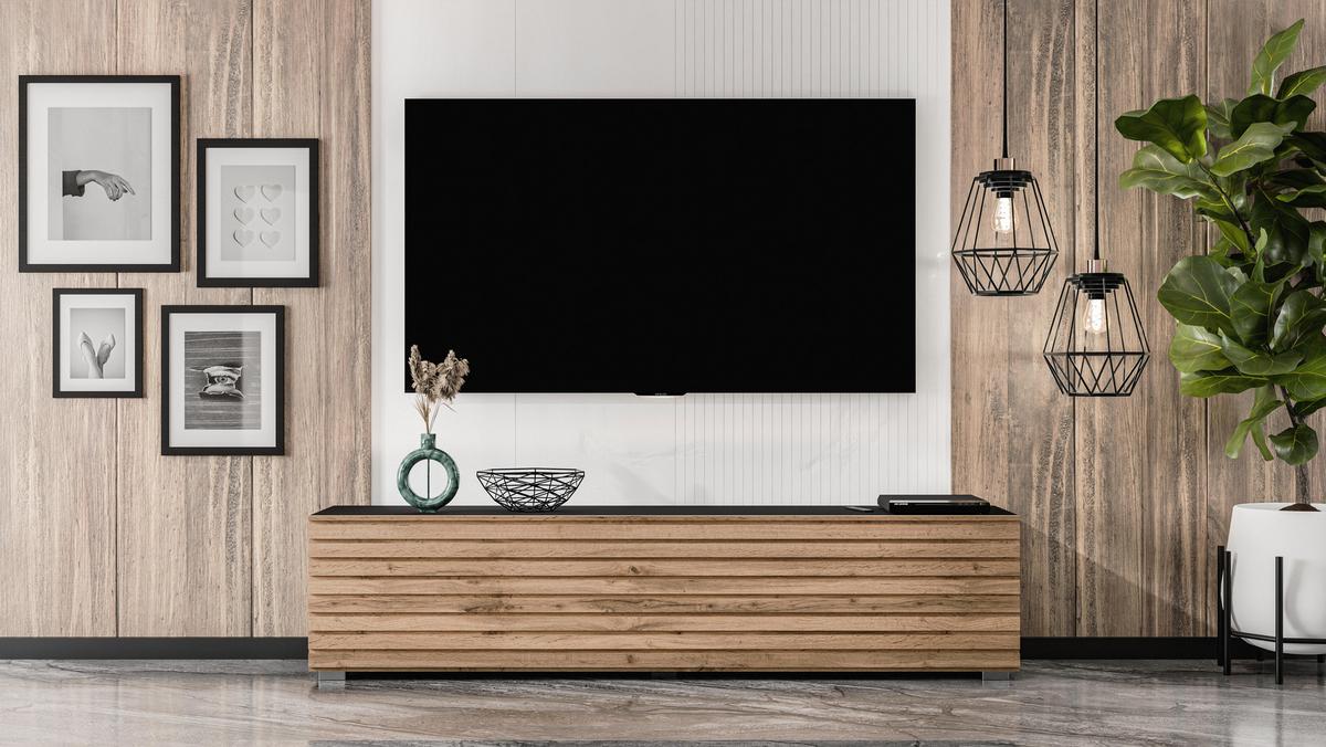 LOWBOARD ZIVOLLI 160 Schwarz, Wotan Lamellen 160/36,5/40 cm – Hängend und Stehend - Hellbraun/Schwarz, Holzwerkstoff/Kunststoff (160/36.5/40cm) - AX Living