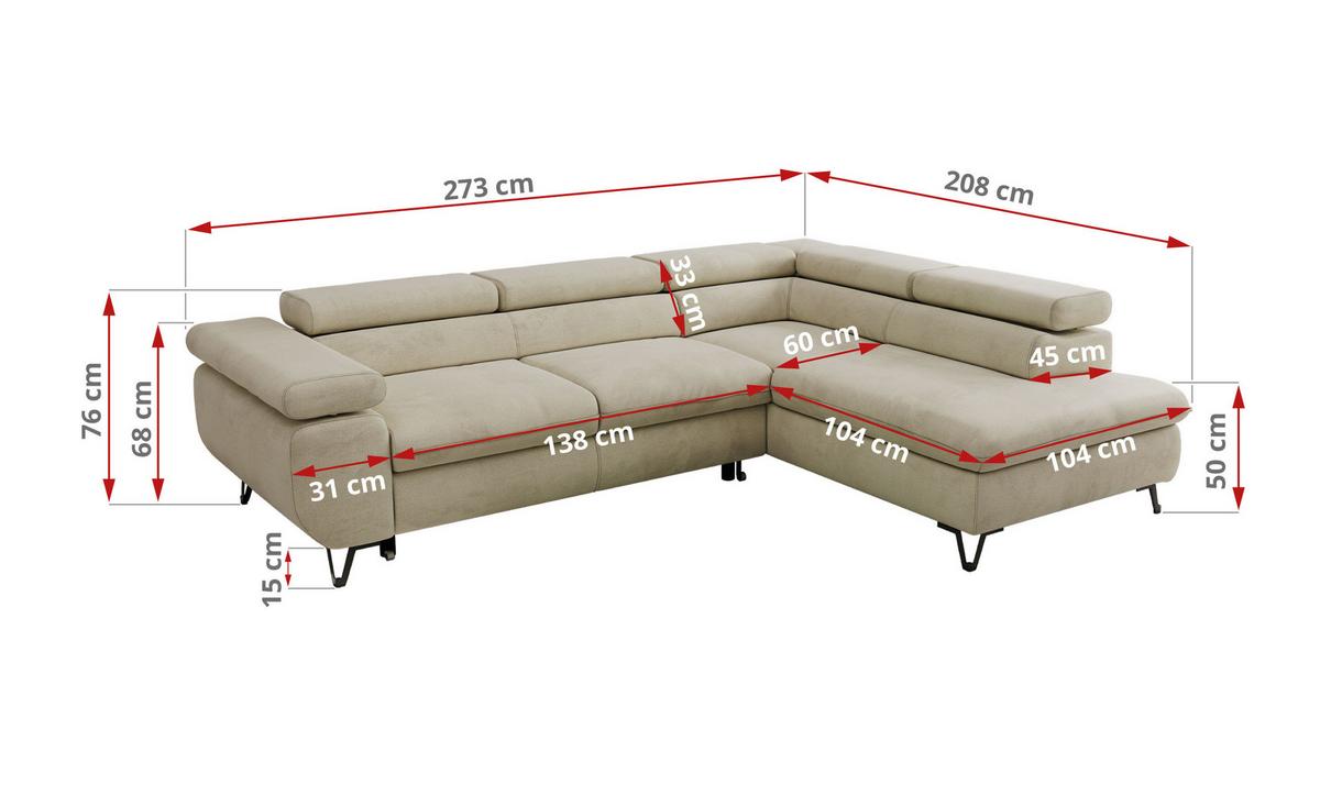 ECKSOFA PABLO L Beige Velvet - Links Seite - Beige/Schwarz, Textil/Metall (208/273cm) - MKS