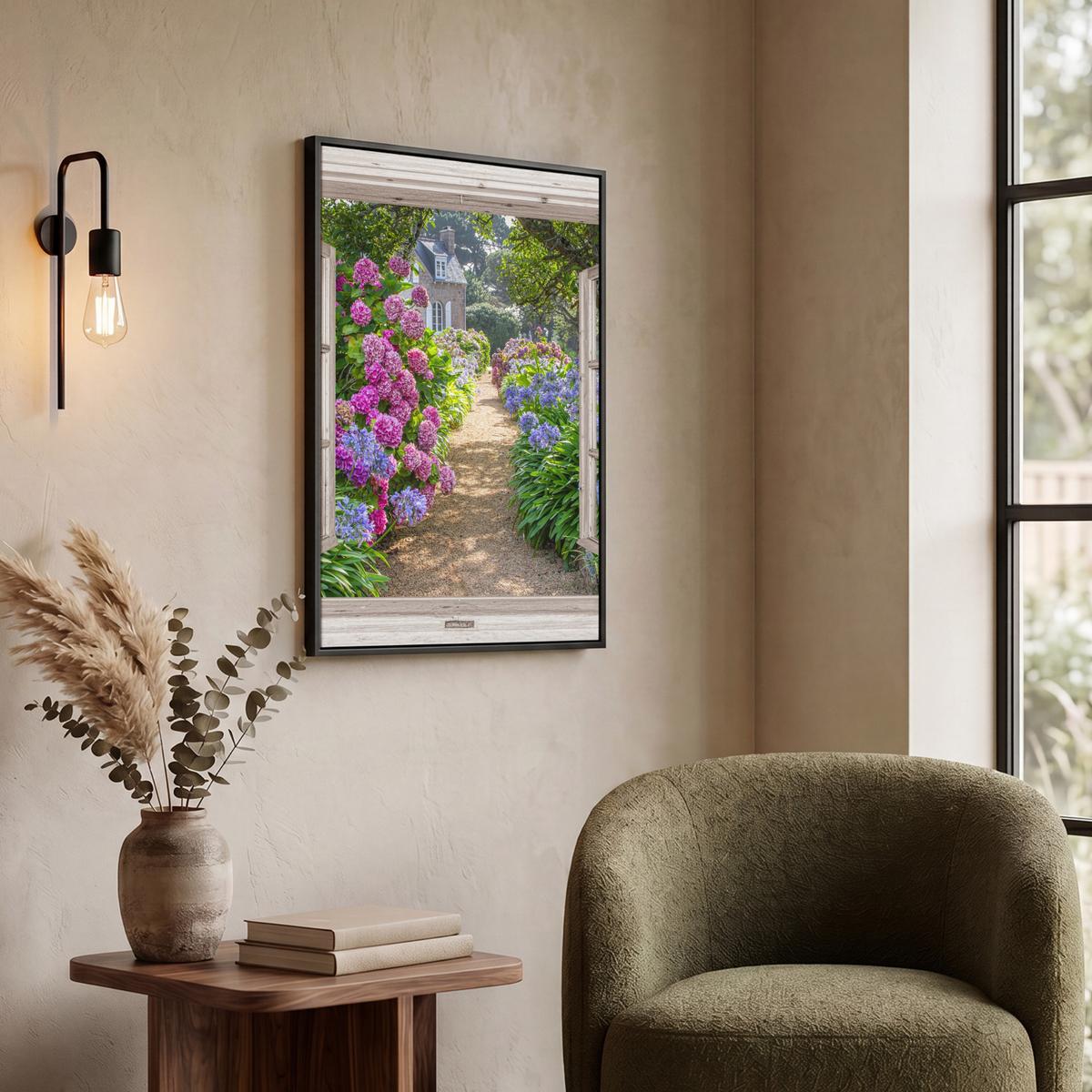 LEINWAND Bilder mit Rahmen - Hortensie - Durchsichtig - Blumen - Sommer - Lila - Weg - 50x70 - Lila, Textil (50/70cm) - MuchoWow