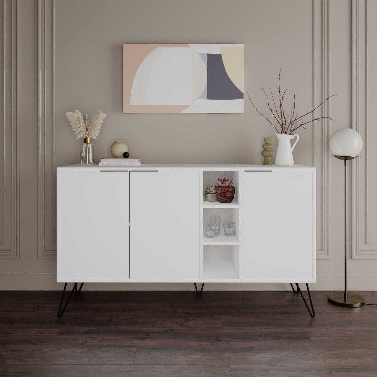 SIDEBOARD 3 Nischen und 3 Türen L142 cm - Clara - Weiß, Holzwerkstoff (35.6/83/15cm) - Calicosy
