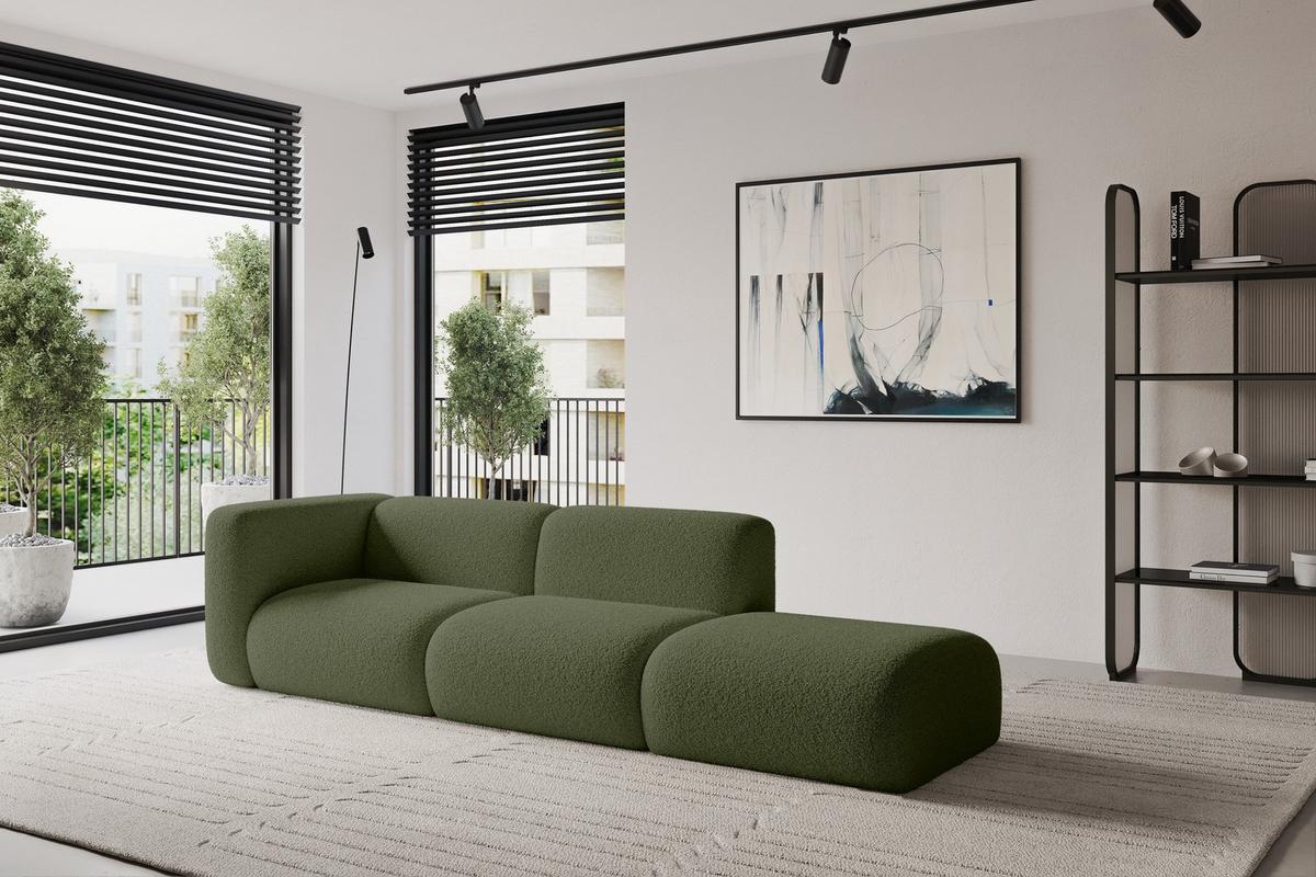 SOFA Ottomane Links MIRA-S3 296x89x70 Grün Bouclé - Schwarz/Olivgrün, Holzwerkstoff/Kunststoff (296/70/89cm) - ALTDECOR