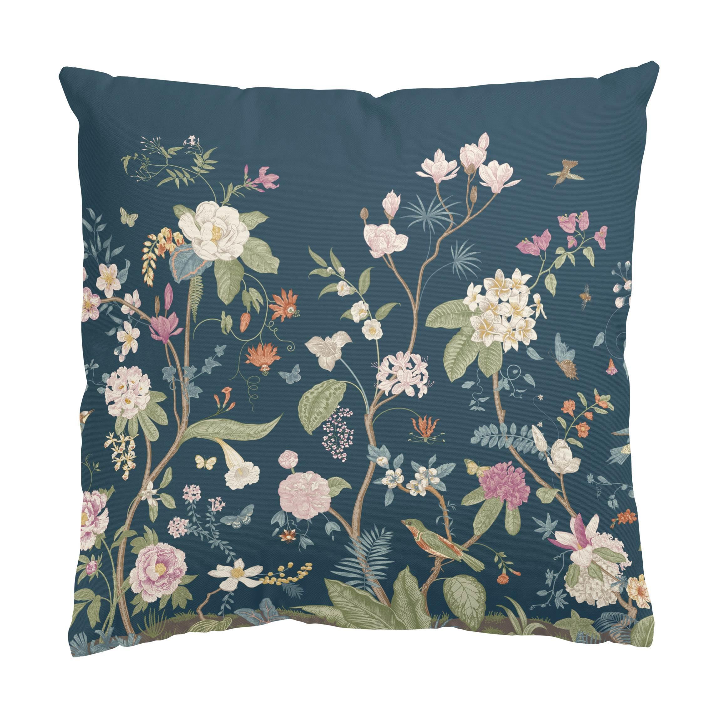 DEKOKISSEN Illustrierte Blumen Chinoiserie auf Dunkelblau 50/50 cm - Blau, Textil (50/50/10cm) - Bilderwelten