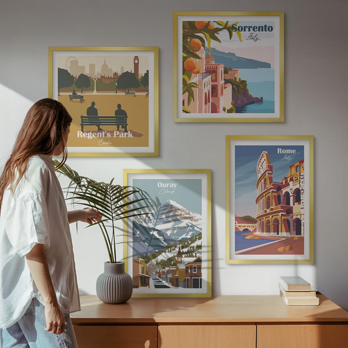 BILDER SET 4er Set - 50x50 cm & 40x60 cm Goldrahmen - Retro-Illustrationen berühmter Orte - Goldfarben, Kunststoff (50/50cm) - TULUP
