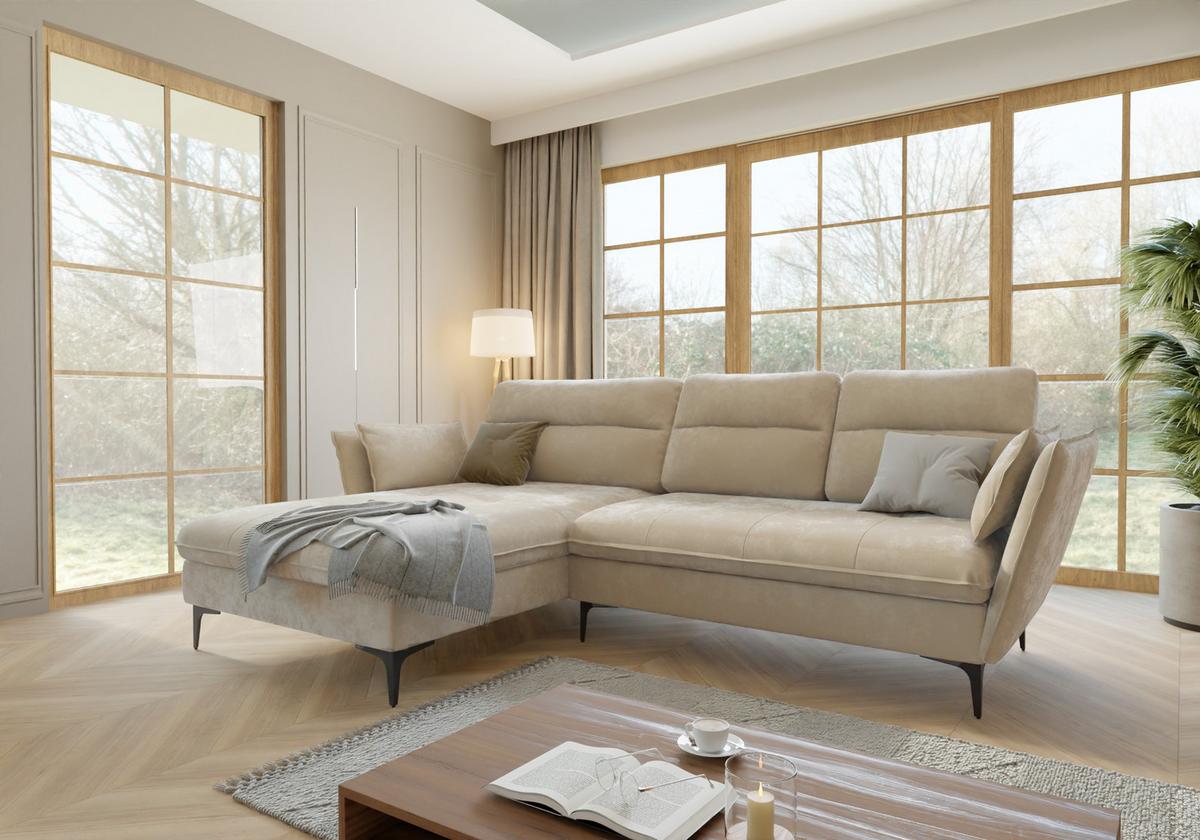 ECKSOFA Mira Beige Samt-Stoff - Beige/Schwarz, Textil/Metall (260/168cm) - S-Style