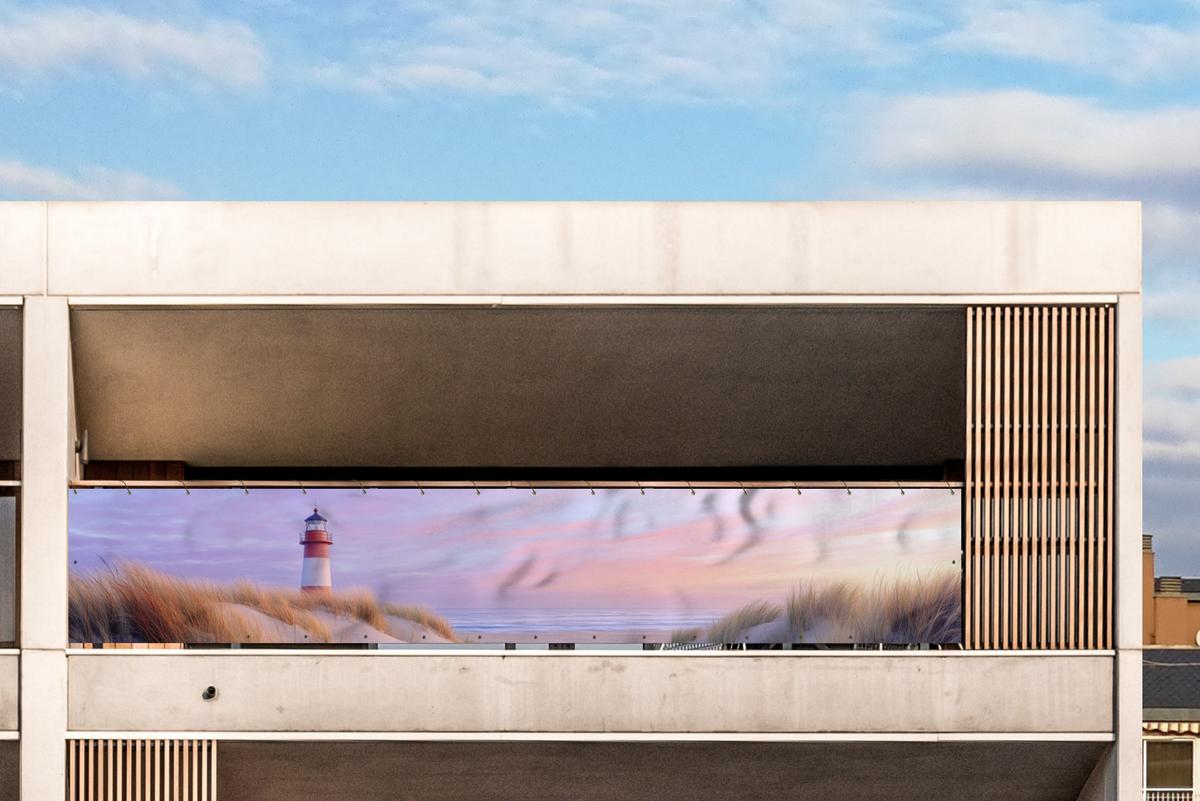 BALKON-SICHTSCHUTZ Leuchtturm - Dünen - Sonnenuntergang Groß 500x80 cm - Hellrosa, Kunststoff (500/80cm) - MuchoWow