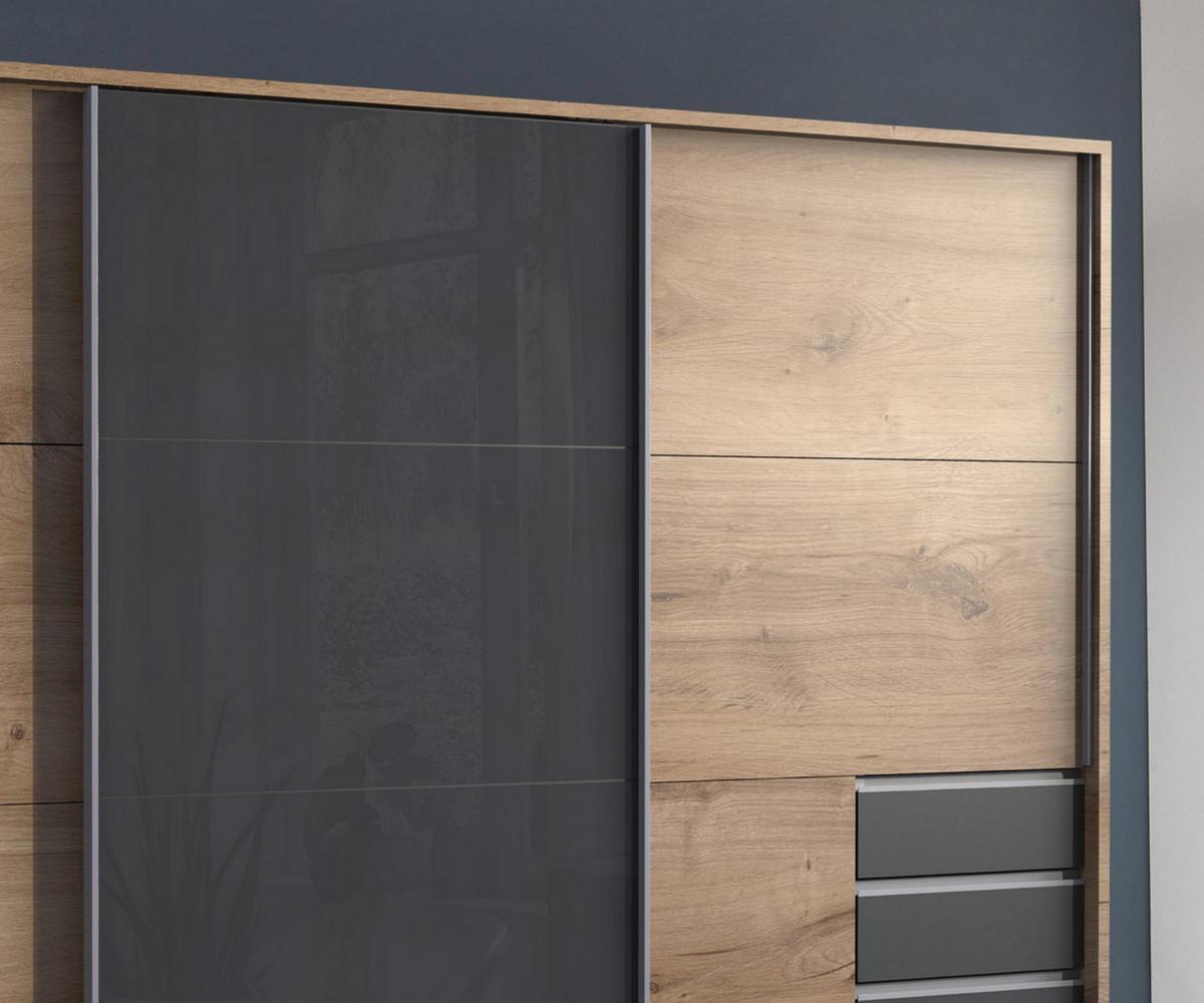 SCHWEBETÜRENSCHRANK 3-türig B273/H213/T64 cm, Eiche Dekor/Glas Grau, Passepartout-Kleiderschrank mit Schubladen in Grafit & Vollausstattung / 22617 - Eichefarben/Alufarben, Holzwerkstoff/Metall (273/213/64cm) - luma-home