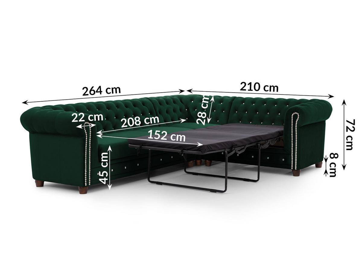 ECKSOFA mit Schlaffunktion Chesterfield Flasche Grün Samt mit Kristallsteppung und braunen Massivholzfüßen - Ottomane Rechts - Braun/Grün, Holz/Textil (264/210cm) - S-Style Möbel