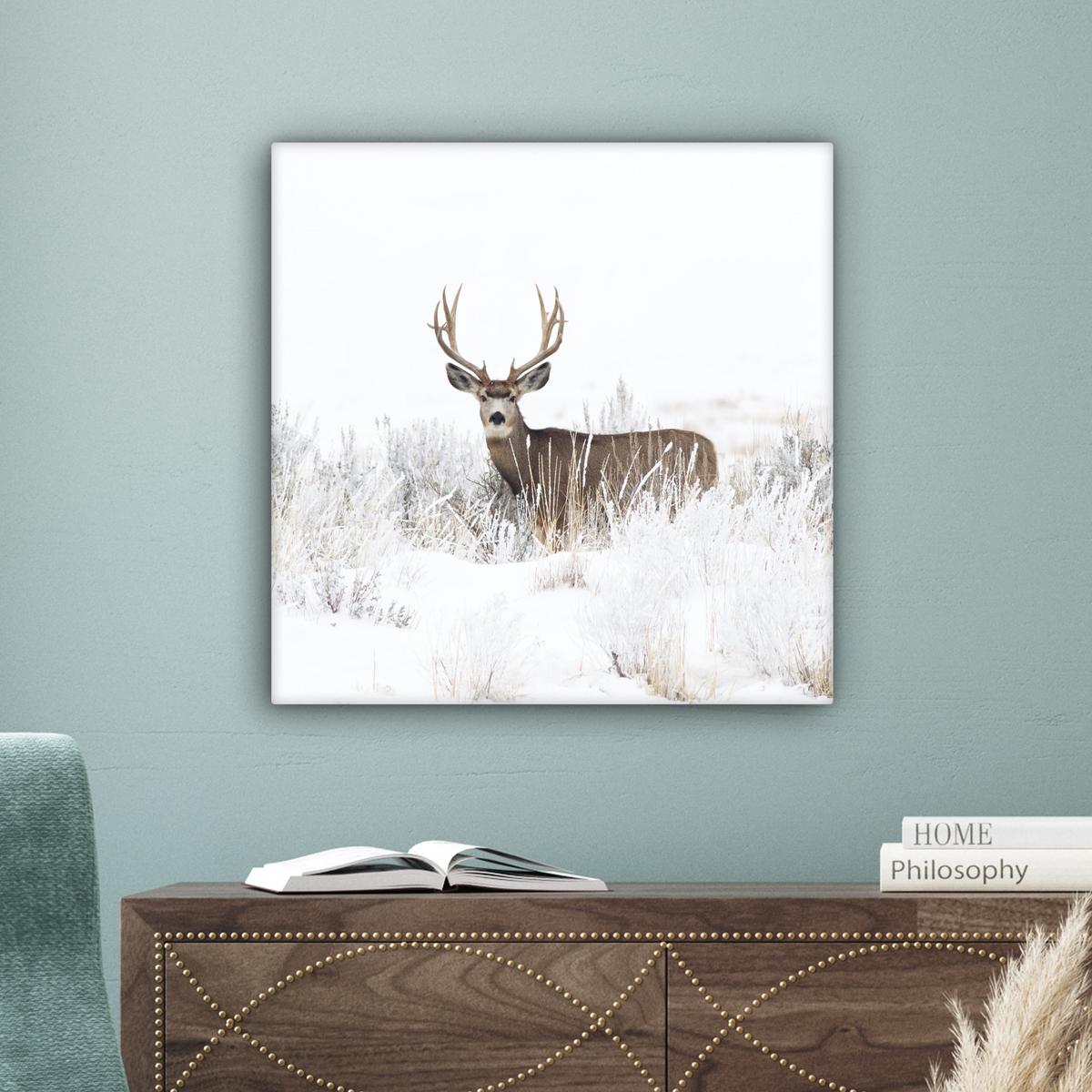 LEINWANDBILD Hirsche - Winter - Schnee - Tiere - Jahreszeiten - Weiß Wandbild Wohnzimmer 50x50 cm - Hellbraun, Textil (50/50cm) - MuchoWow