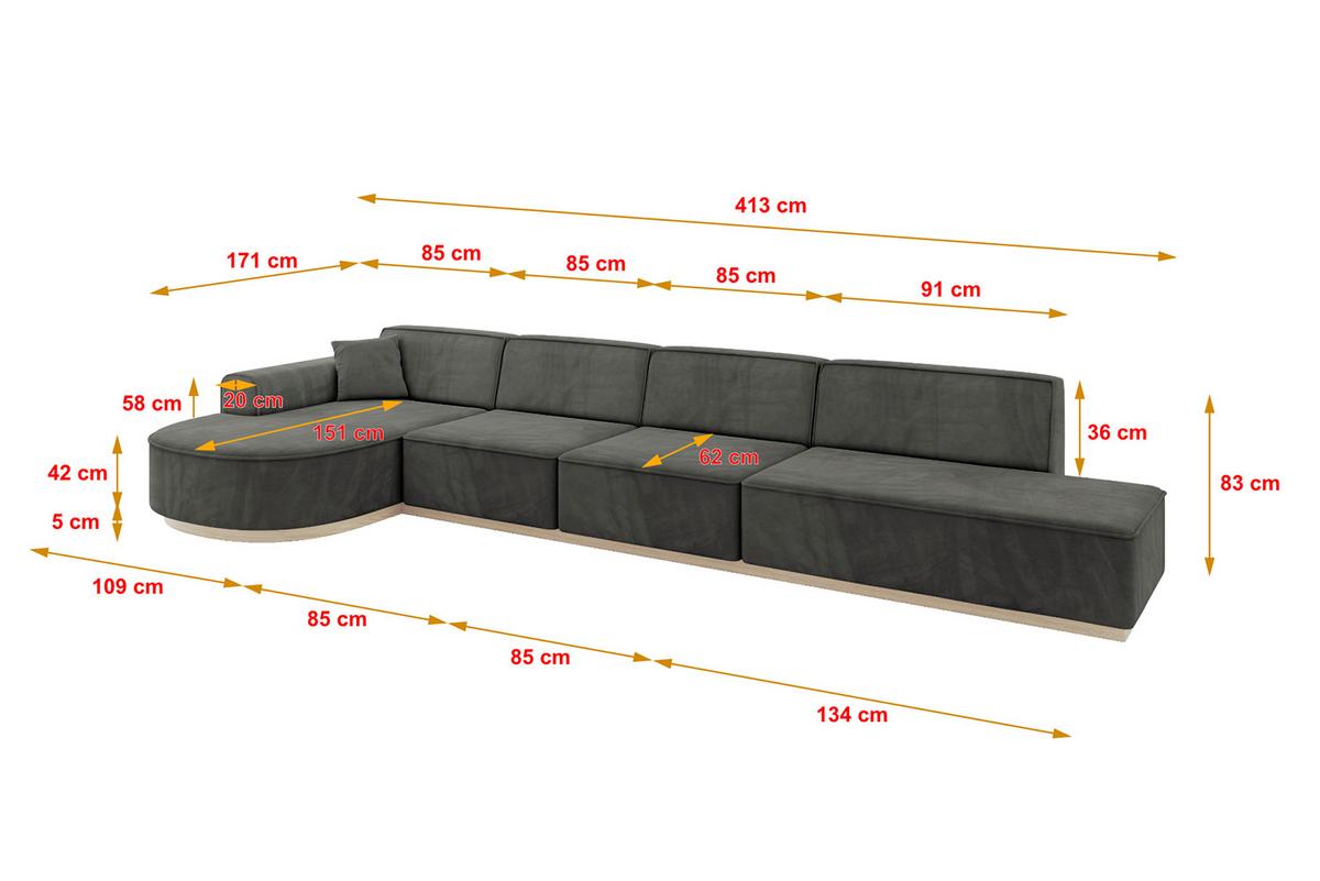 ECKSOFA Ottomane Links ARRIO-L3 - 413x171x83 cm Dunkelgrau - Dunkelgrau, Holzwerkstoff/Textil (413/171cm) - ALTDECOR