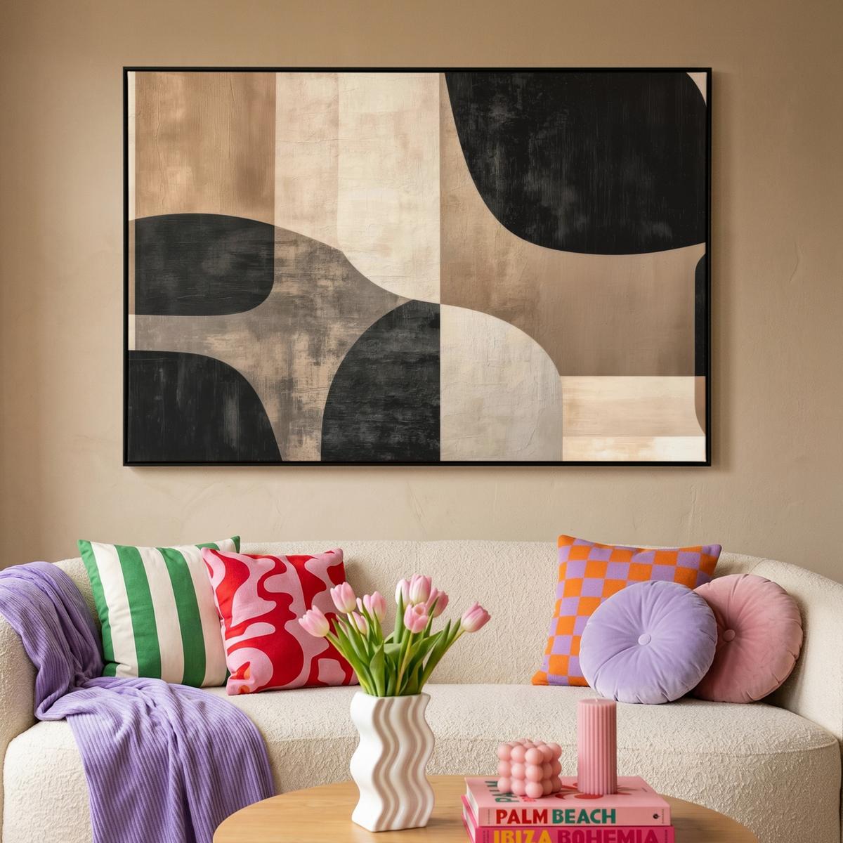 LEINWAND Bilder mit Rahmen - Abstrakt - Flugzeuge - Schwarz - Rund - 140x90 - Beige, Textil (140/90cm) - MuchoWow