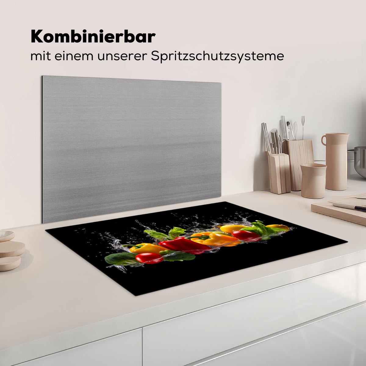 HERDABDECKPLATTE Paprika - Wasser - Gemüse - Schwarz Ceranfeldabdeckung 78x52 cm - Multicolor, Kunststoff (78/52/0.2cm) - MuchoWow