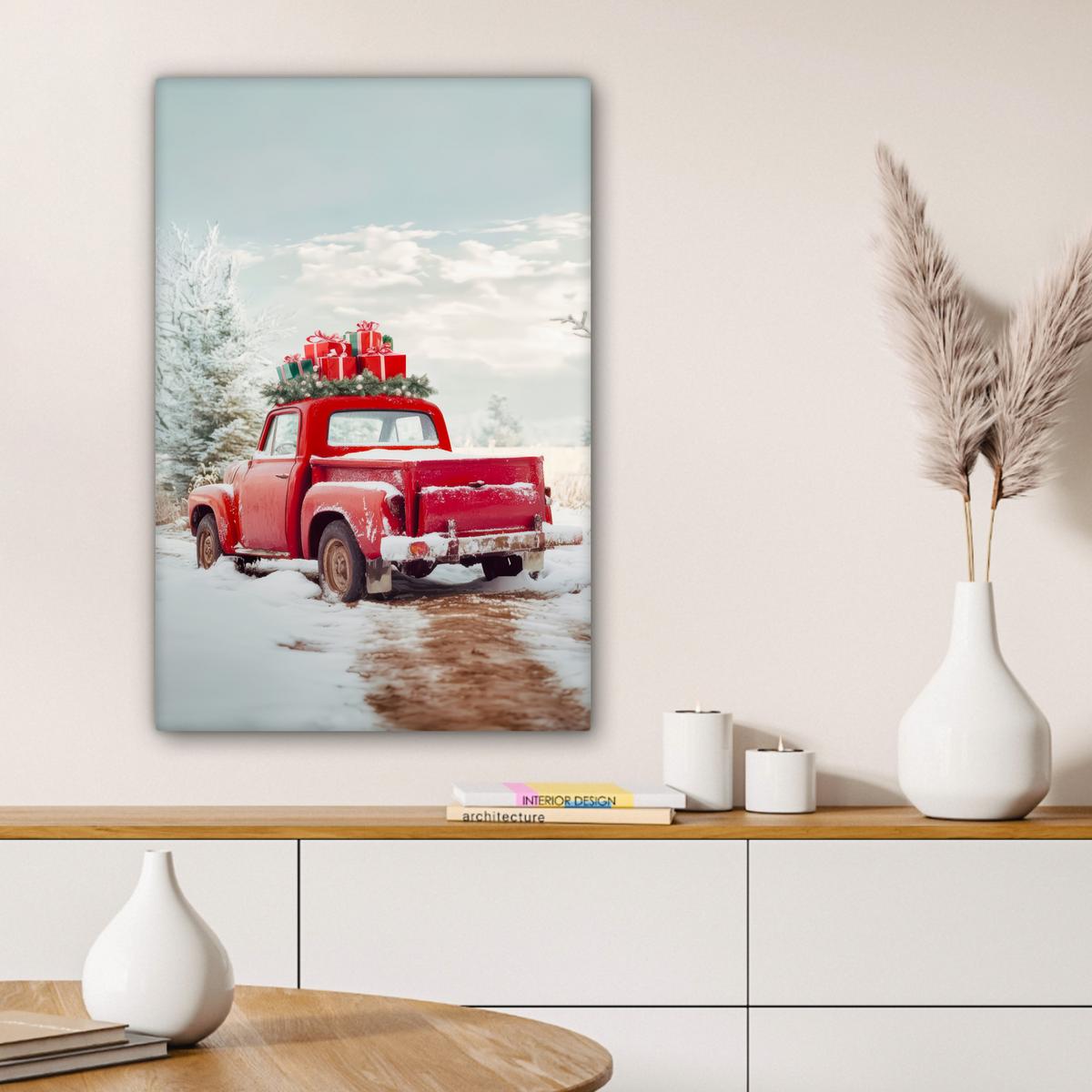 LEINWANDBILD Auto - Rot - Geschenke - Winter - Schnee - Weihnachten Wanddeko 40x60 cm - Rot, Textil (40/60cm) - MuchoWow