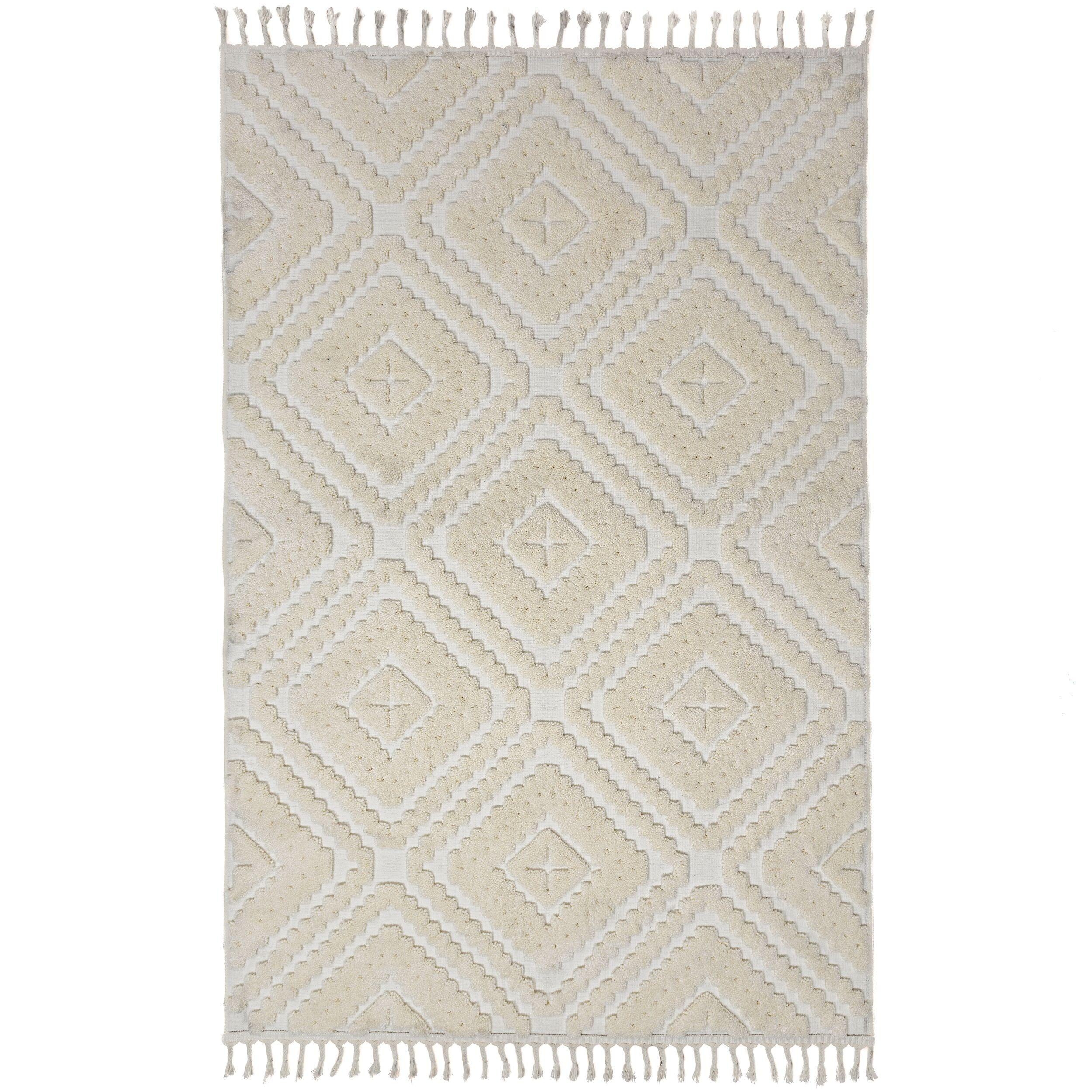 HOCHFLORTEPPICH, mit Fransen, TALLA, Rautenmuster, Creme, 160 x 230 cm - Beige, Textil (160/230cm) - KADIMA DESIGN