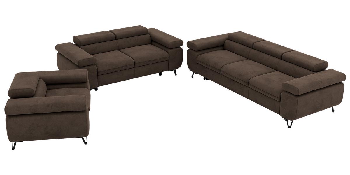 SITZGARNITUR PETER 1+2+3 mit Schlaffunktion - Braun Velvet - Schwarz/Braun, Textil/Metall (262/76/99cm) - MKS