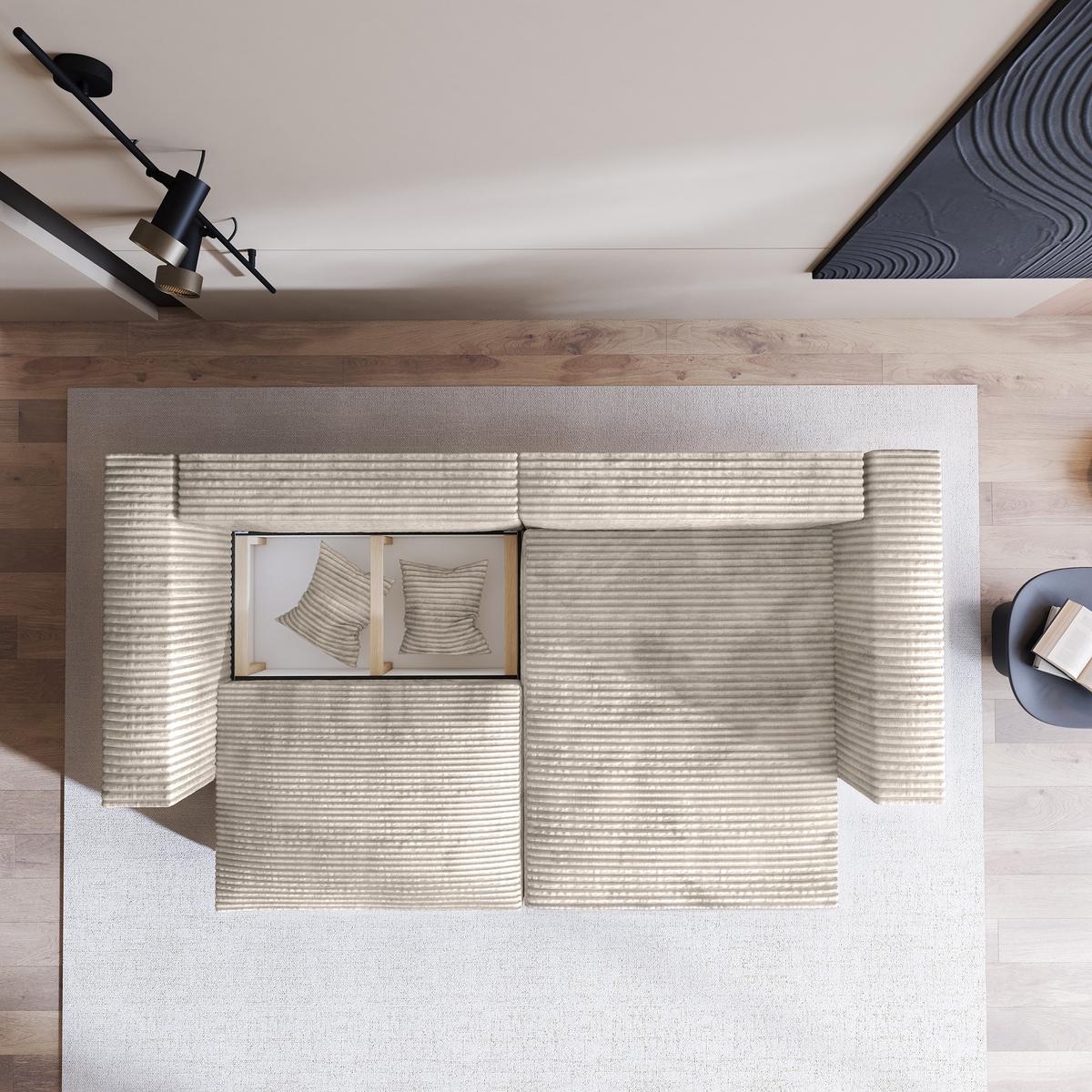 ECKSOFA NERIO Creme Kordstoff mit Schlaffunktion - Creme, Holz (245/148cm) - MASSENO