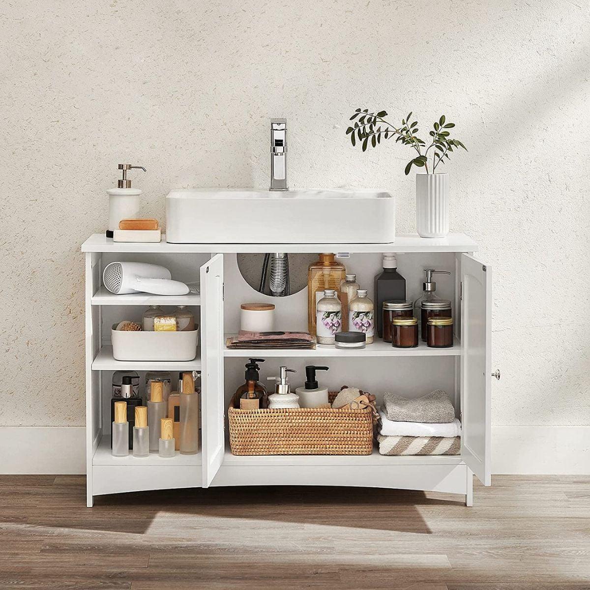 WASCHBECKENUNTERSCHRANK Weiß 2 Türen 3 Nischen - L90 cm - Weiß, Holzwerkstoff (90/60/30cm) - Calicosy