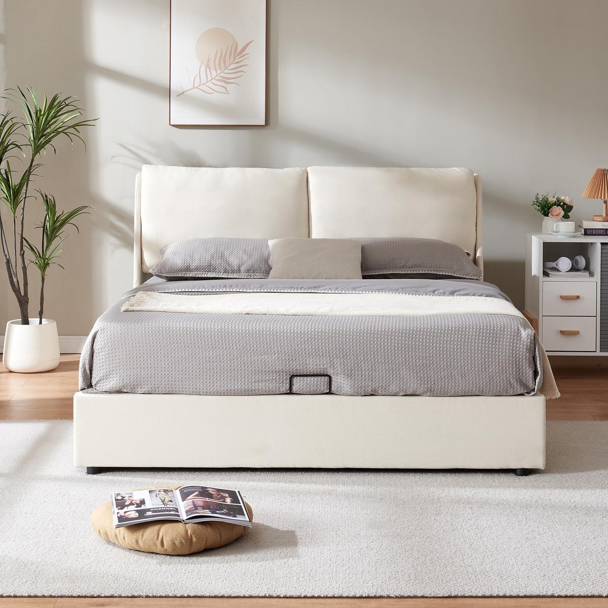 POLSTERBETT Lunner - Beige, Holzwerkstoff/Kunststoff (140/200cm) - [en.casa]